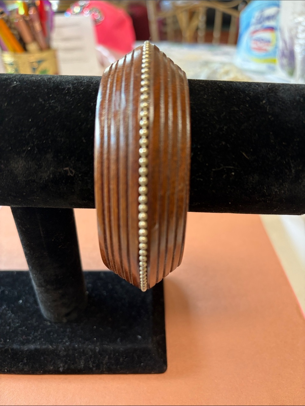 Brown Ribbed Wood Bangle Bracelet with Silver Bead Accent